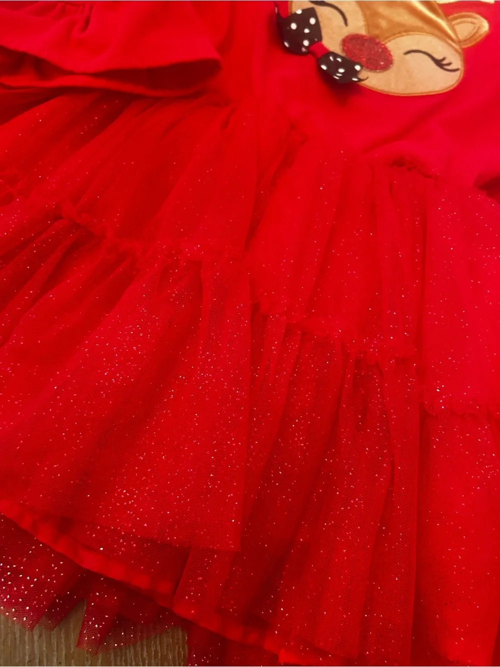 Girls' Red Reindeer Tulle Holiday Dress with Applique